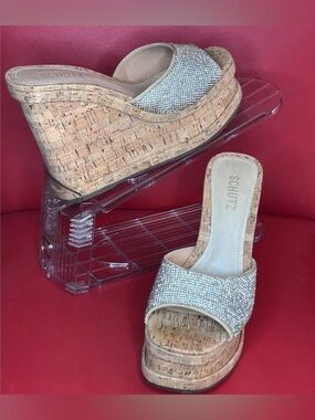 Crystal Embellished Cork Platform Wedge Sandals Heels SCHUTZ DALLE  7.5
